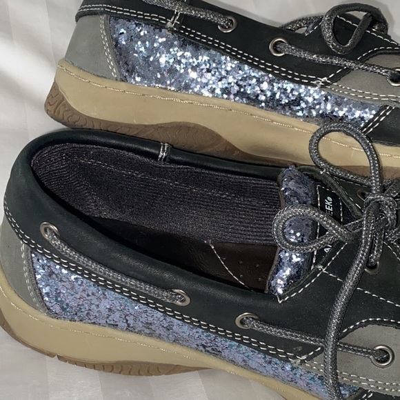 Highland Creek Black Silver Glitter Shimmer Leather Boat Shoes Topsiders New - Picture 7 of 17